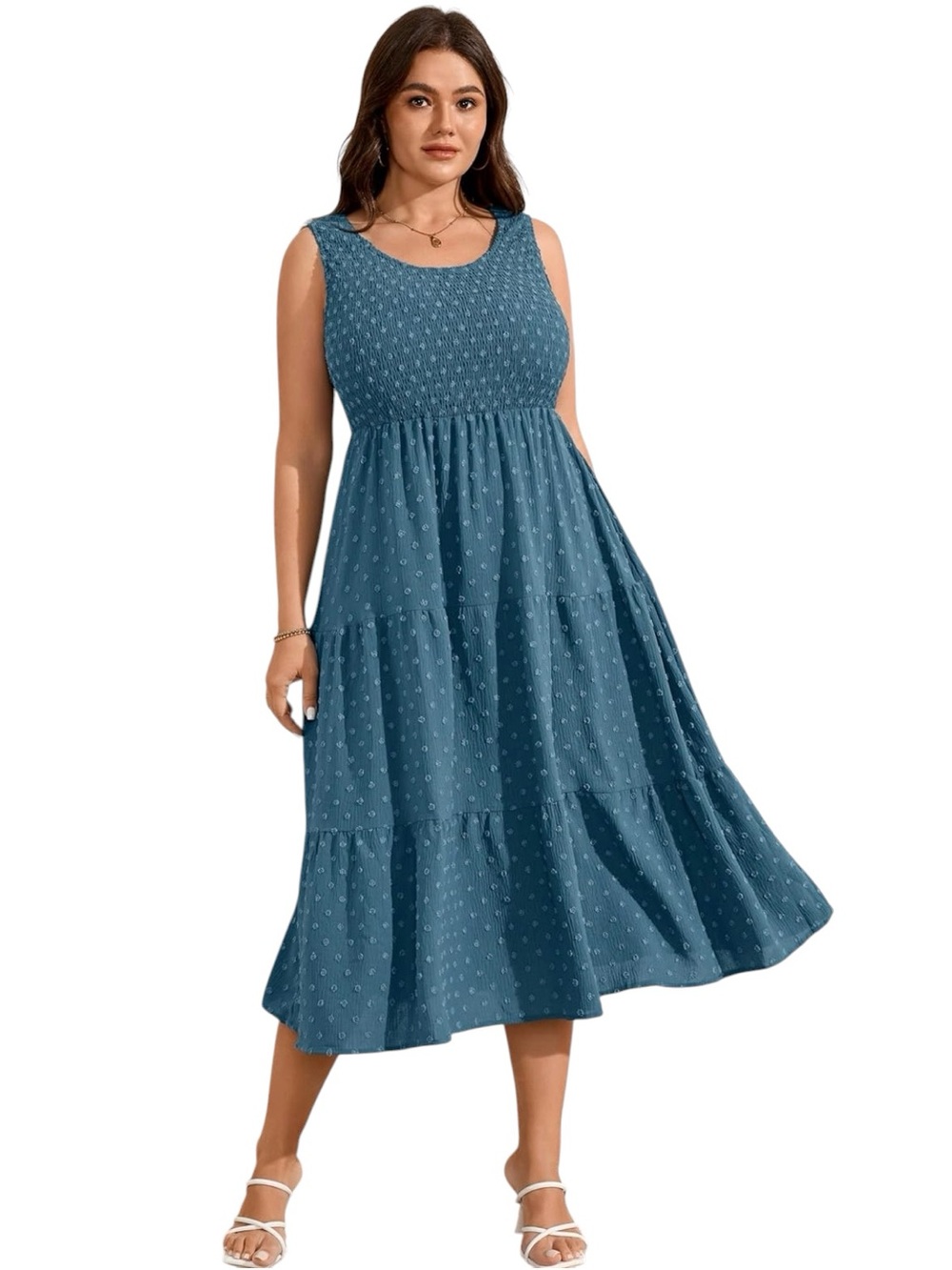 RWJ Dusty Blue Sleeveless Swiss Dot Tiered Midi Dress Large